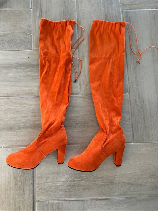 Shoes - Bright Sexy Orange Suede Over-the-Knee Block Heel Boots EUC